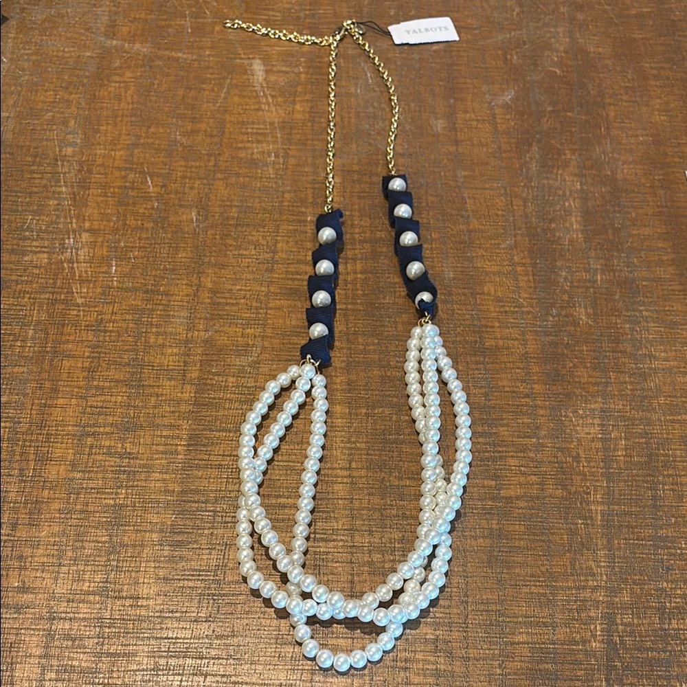 Unique Talbots Pearl and Gold Necklace with navy ribbon accent new with tags